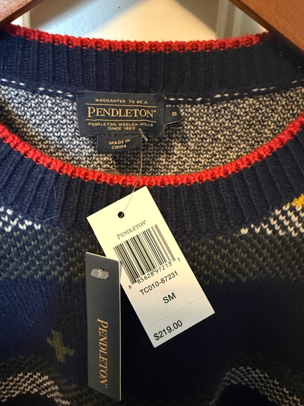 Pendleton Navy Crewneck Sweater with Multicolor Stripes - Picture 2 of 3